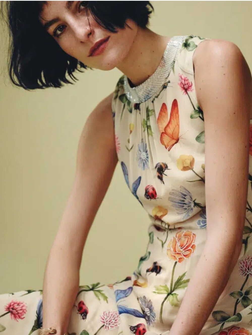 Anthropologie Pankaj & Nidha Creme Butterfly Garden Sleeveless Sequined Midi Drs